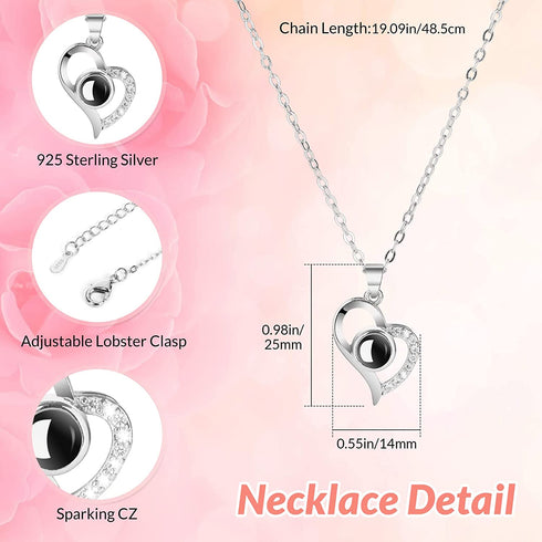 Rose with Moss Bear Figurine with LED Light & 925 Sterling Silver Heart Shaped Necklace